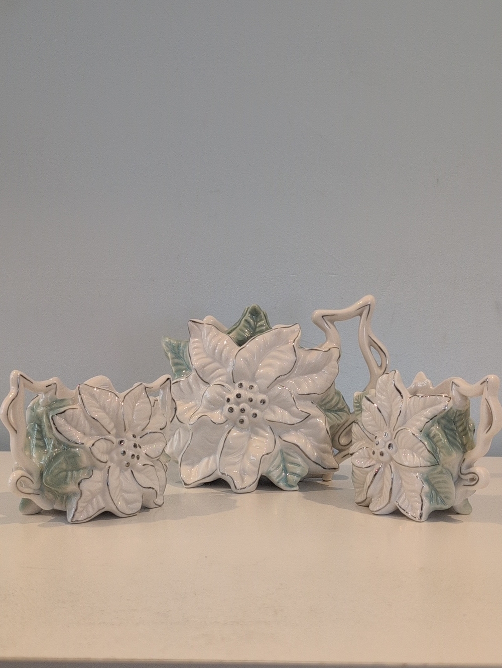 Vintage Ceramic White Poinsettia Tea Set: Pot, Creamer & Sugar Bowl. Unmarked.